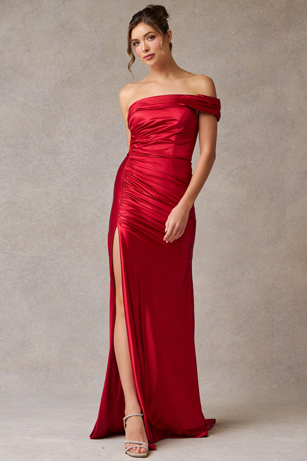 One Shoulder Pleated Metallic Sheath Dress